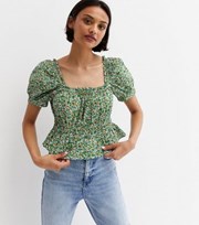 New Look Green Ditsy Floral Square Neck Peplum Blouse